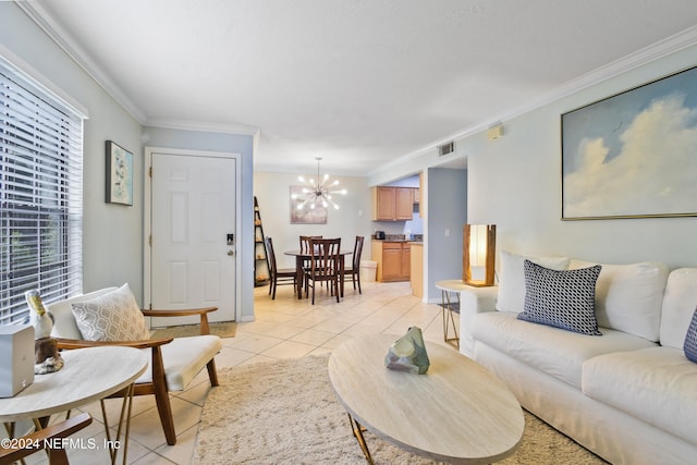 tiled living room featuring crown molding and a notable chandelier