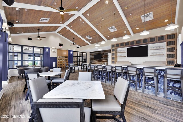 608 Continuum Loop, Yulee, FL 32097 - dining space with wood ceiling, a ceiling fan, visible vents, wood finished floors, and high vaulted ceiling