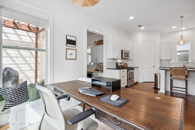 office featuring dark hardwood / wood-style flooring and sink