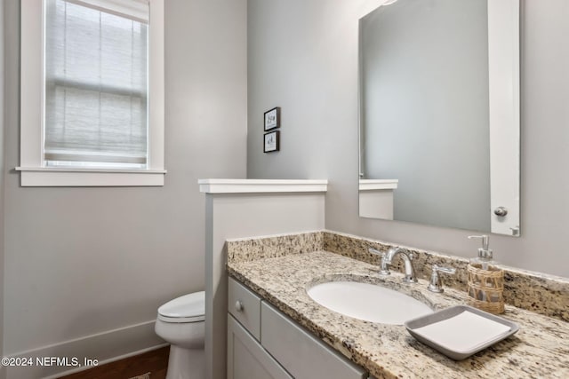 bathroom with wood-type flooring, vanity, and toilet