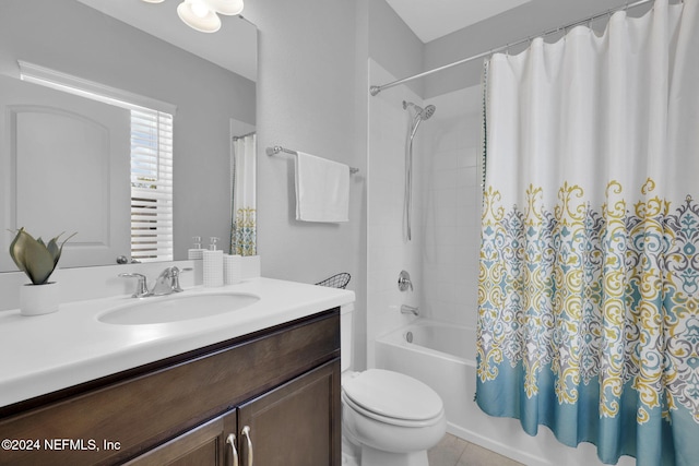 full bathroom with vanity, tile patterned flooring, toilet, and shower / bathtub combination with curtain