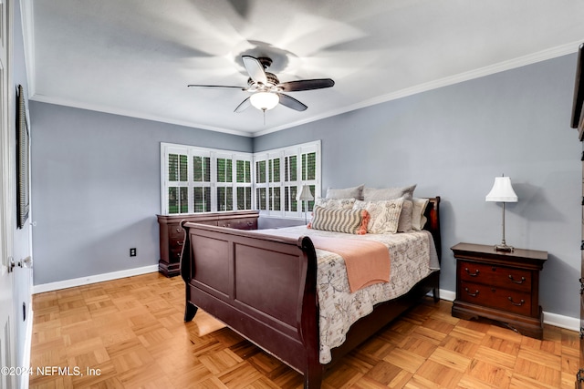 bedroom featuring crown molding, light parquet flooring, and ceiling fan