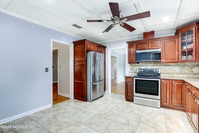 kitchen with decorative backsplash, coffered ceiling, light tile patterned flooring, appliances with stainless steel finishes, and ceiling fan