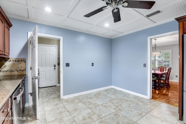 spare room with crown molding, light parquet floors, and ceiling fan