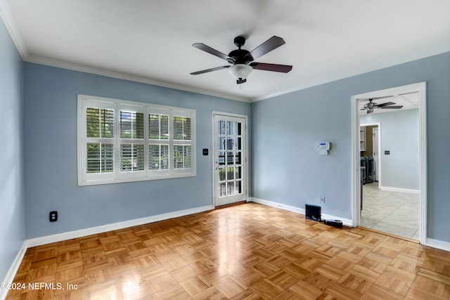 unfurnished room featuring ornamental molding, light parquet flooring, and ceiling fan