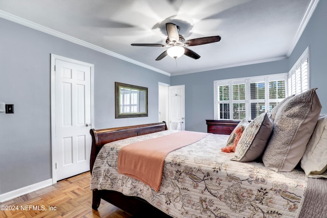 bedroom featuring ornamental molding, light parquet floors, and ceiling fan