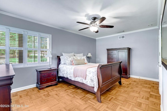 bedroom with ornamental molding, light parquet flooring, and ceiling fan