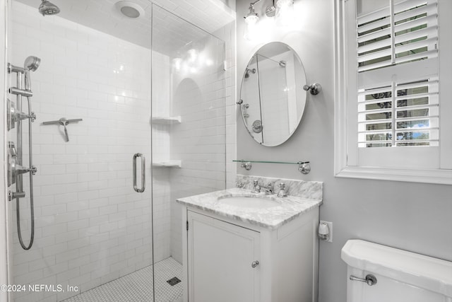 bathroom with vanity, toilet, and a shower with shower door