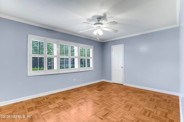 empty room featuring crown molding, light parquet flooring, and ceiling fan