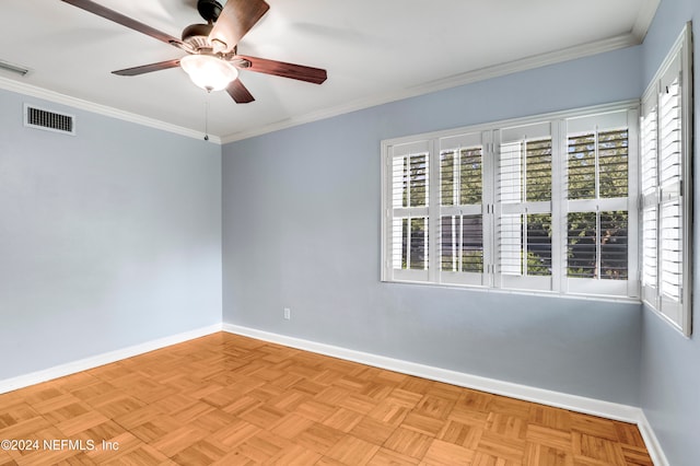 unfurnished room featuring crown molding, light parquet floors, and ceiling fan