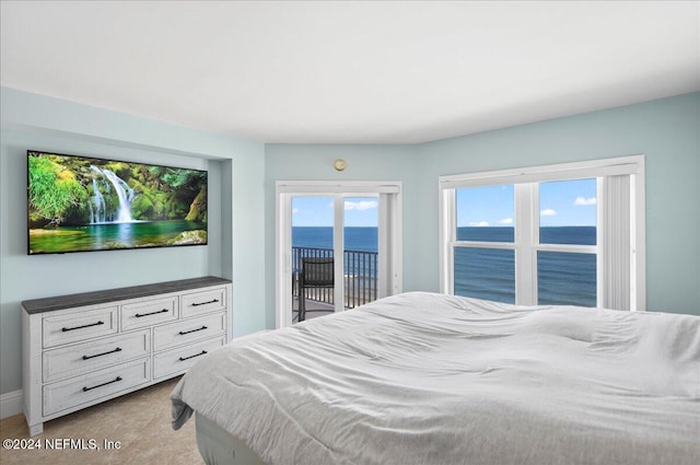 bedroom featuring light colored carpet and access to outside