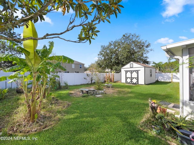 view of yard featuring a storage shed