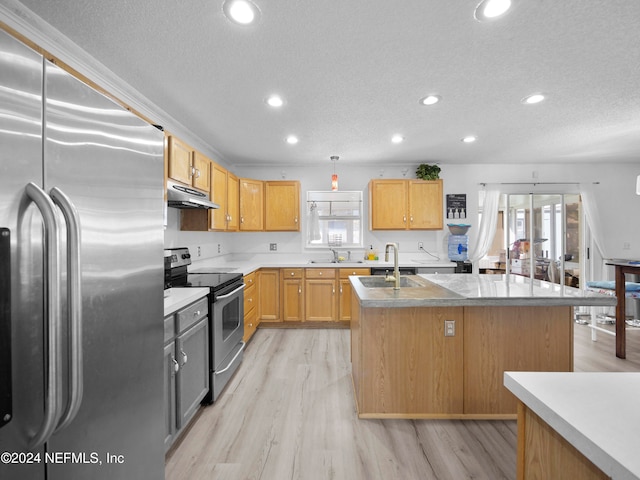 kitchen featuring appliances with stainless steel finishes, a textured ceiling, a kitchen island with sink, light wood-type flooring, and sink