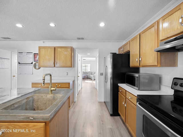 kitchen with appliances with stainless steel finishes, a textured ceiling, sink, and light hardwood / wood-style floors