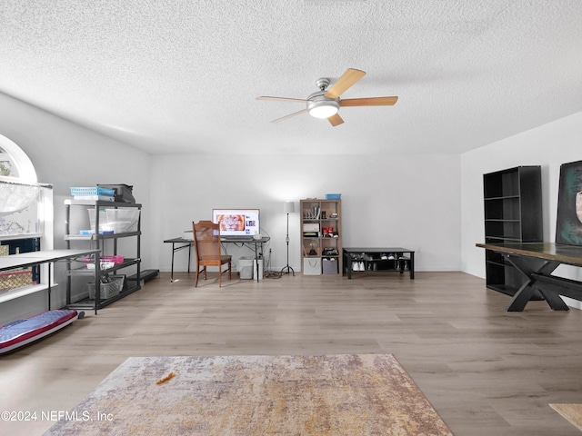 office area featuring hardwood / wood-style floors, a textured ceiling, and ceiling fan