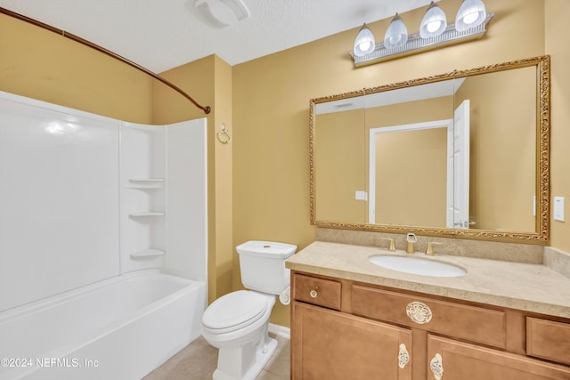 full bathroom with tile patterned floors, toilet, a textured ceiling, vanity, and tub / shower combination