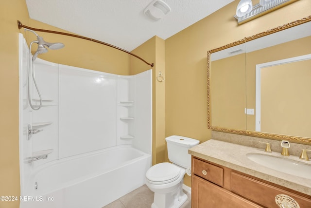 full bathroom with bathing tub / shower combination, a textured ceiling, vanity, tile patterned floors, and toilet