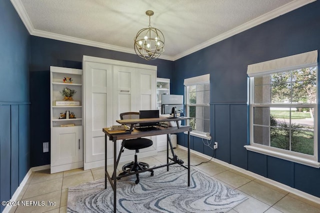 office space featuring a textured ceiling, ornamental molding, and plenty of natural light