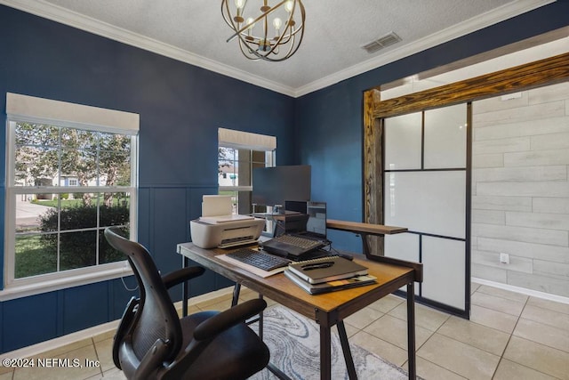 tiled office with a notable chandelier, a textured ceiling, and crown molding