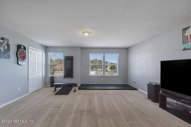 exercise room with a textured ceiling and light carpet