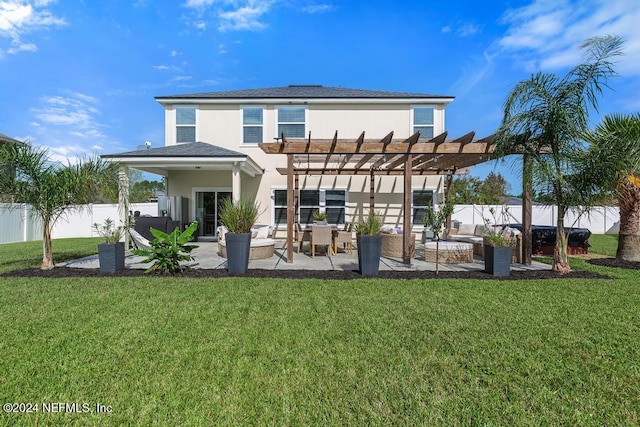 rear view of house featuring outdoor lounge area, a yard, a pergola, and a patio area