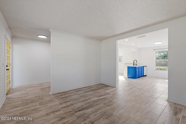 unfurnished room with ornamental molding, light wood-type flooring, a textured ceiling, and sink