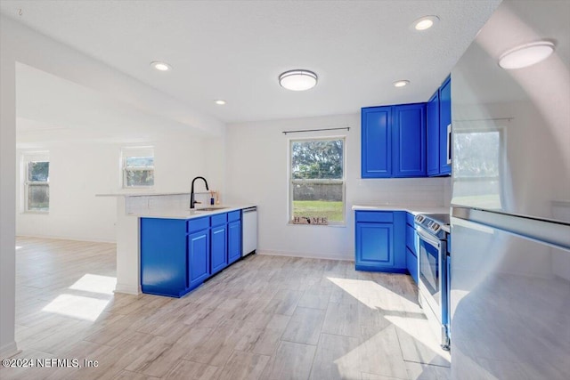 kitchen with blue cabinetry, light hardwood / wood-style floors, appliances with stainless steel finishes, and sink