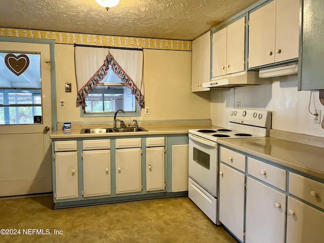 kitchen featuring white cabinetry, white electric range, sink, and a textured ceiling