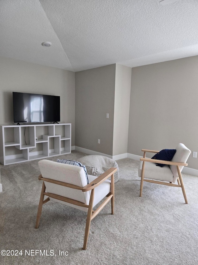 carpeted living room featuring a textured ceiling