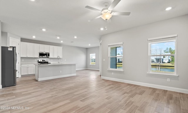 kitchen featuring light wood-type flooring, stainless steel appliances, and plenty of natural light