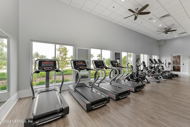 gym featuring ceiling fan, a drop ceiling, a towering ceiling, and wood-type flooring