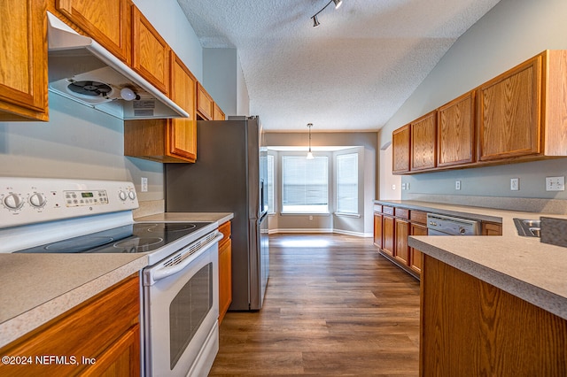 kitchen featuring lofted ceiling, exhaust hood, white electric range, dark wood-type flooring, and pendant lighting