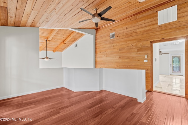 spare room featuring vaulted ceiling with beams, ceiling fan, wooden ceiling, wood finished floors, and visible vents