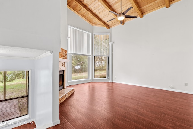 unfurnished living room with hardwood / wood-style floors, ceiling fan, wooden ceiling, beamed ceiling, and high vaulted ceiling