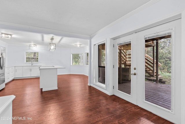 interior space featuring french doors, ornamental molding, sink, and dark hardwood / wood-style flooring