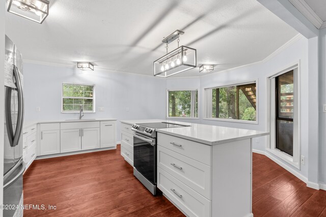 kitchen with appliances with stainless steel finishes, dark hardwood / wood-style flooring, plenty of natural light, and white cabinets