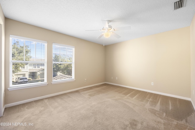 spare room with carpet flooring, a textured ceiling, and ceiling fan