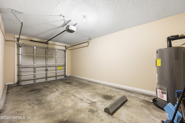 garage with a garage door opener and water heater