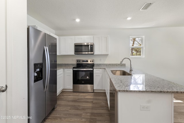 744 Hunter Rd, Hollister, FL 32177 - kitchen with appliances with stainless steel finishes, a sink, a peninsula, dark wood-style flooring, and white cabinetry