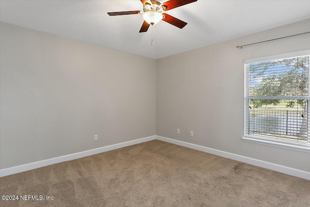 unfurnished room with ceiling fan, carpet, and a textured ceiling