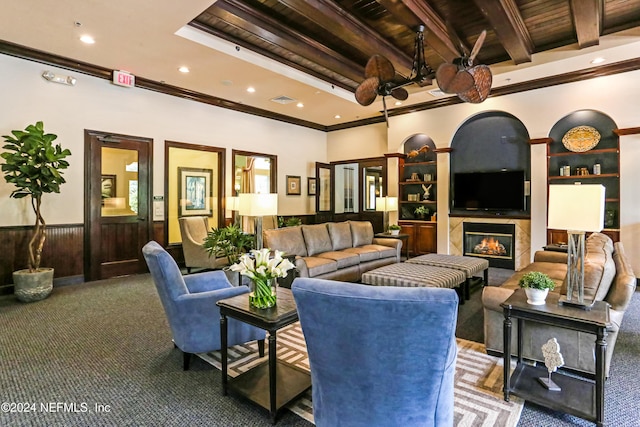 8757 Little Swift Cir Unit 22F, Jacksonville, FL 32256 - living area featuring wooden ceiling with exposed beams, carpet floors, ornamental molding, recessed lighting, and a high end fireplace