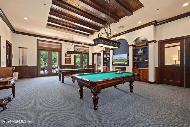 game room with french doors, visible vents, beamed ceiling, and carpet flooring