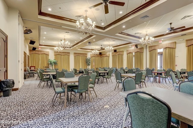 8757 Little Swift Cir Unit 22F, Jacksonville, FL 32256 - carpeted dining area with a chandelier, a ceiling fan, crown molding, a raised ceiling, and coffered ceiling