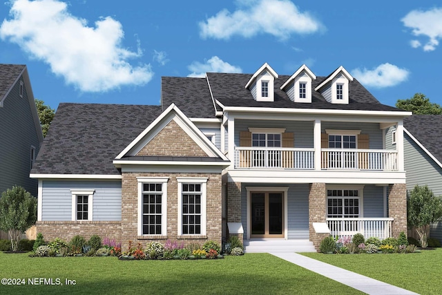 view of front facade featuring a balcony, a porch, brick siding, and a front yard