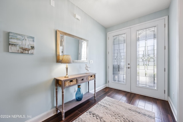 foyer entrance with french doors, a healthy amount of sunlight, and dark hardwood / wood-style floors