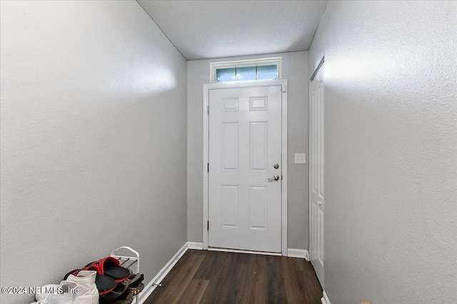 doorway featuring a textured ceiling and dark wood-type flooring