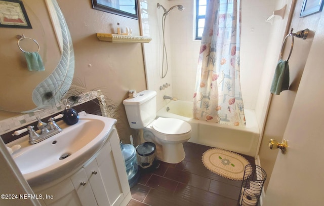 full bathroom with vanity, shower / bathtub combination with curtain, and toilet