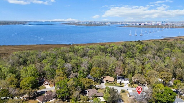 drone / aerial view featuring a water view