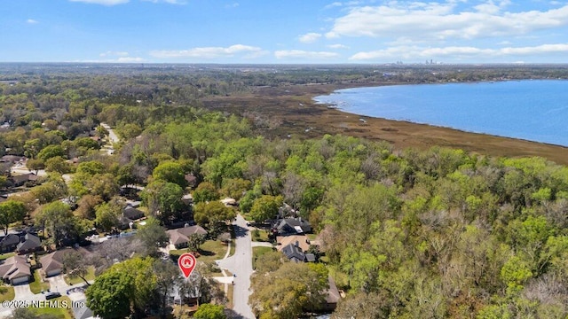 bird's eye view featuring a forest view and a water view