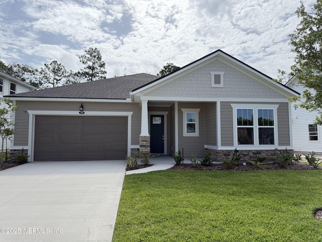 345 Palomar Dr, Saint Johns, FL 32259 - craftsman inspired home featuring stone siding, a garage, concrete driveway, and a front yard